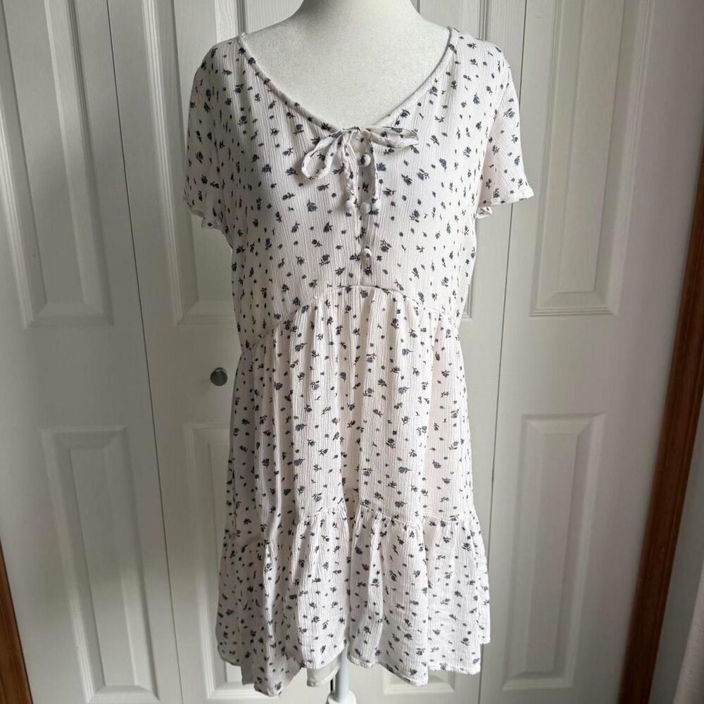 White & blue floral cottagecore print babydoll dress size M by American Eagle